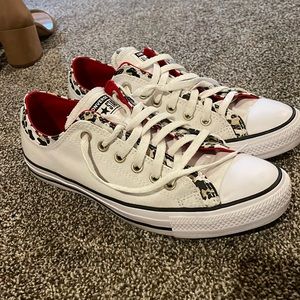 Women’s red, white, and cheetah converse